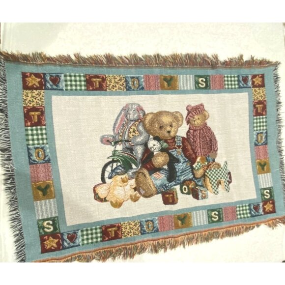 47x29" Daisy Kingdom baby crib blanket blue jean teddy bear print fringe trim af - Picture 1 of 5